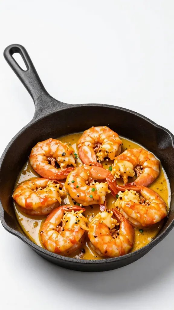 single cast-iron skillet with spicy creamy Cajun shrimp