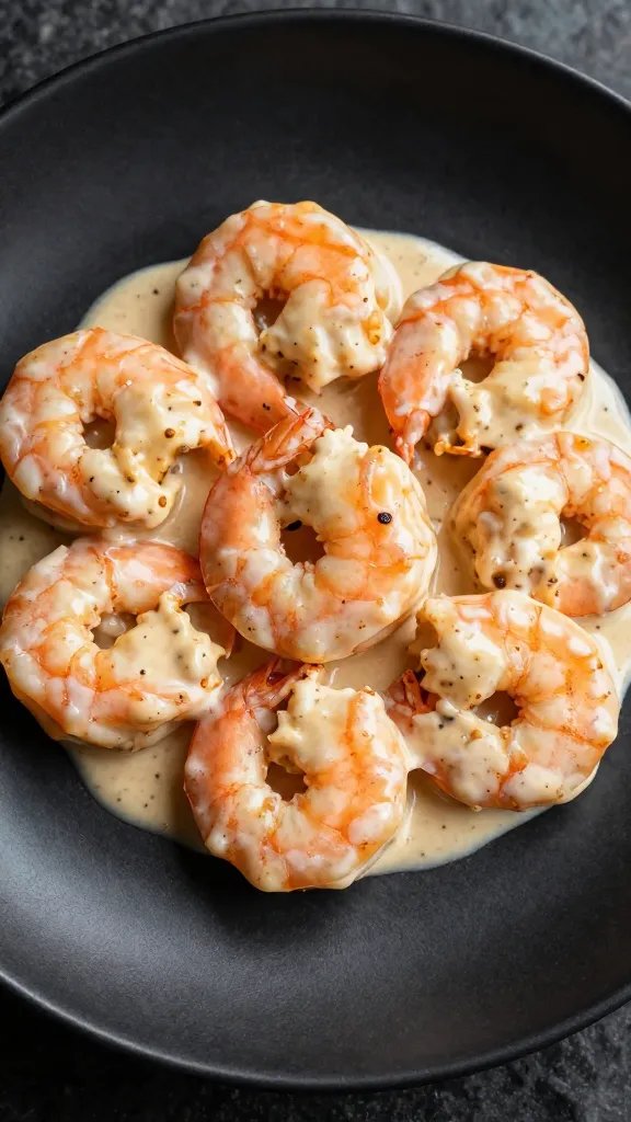 shrimp coated in creamy Cajun sauce on matte black plate