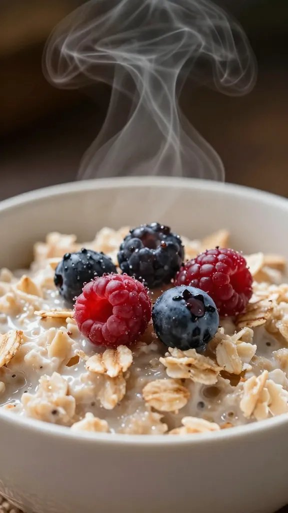 closeup of a single steaming oatmeal bowl with berries