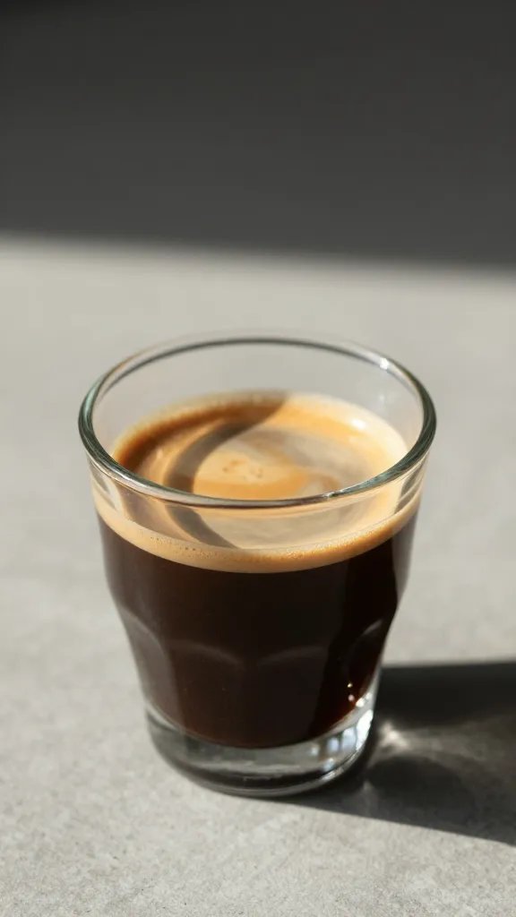 espresso shot in a small glass, morning light, close crop