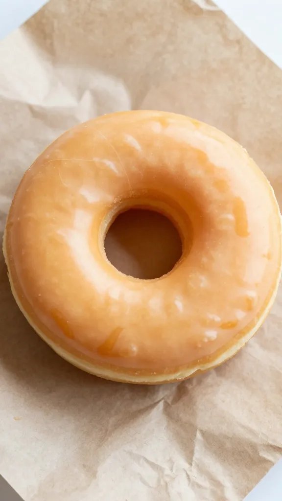 single glazed donut closeup on crumpled paper bag
