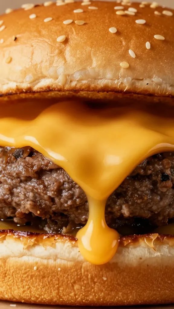 greasy cheeseburger closeup with melted cheese drip