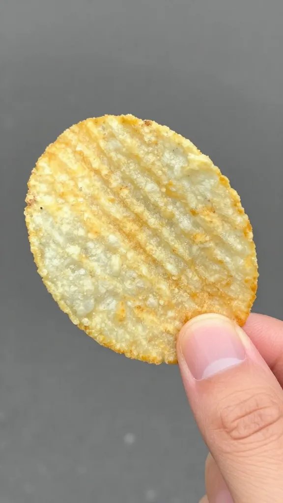 single ridged potato chip held between fingertips, shallow depth