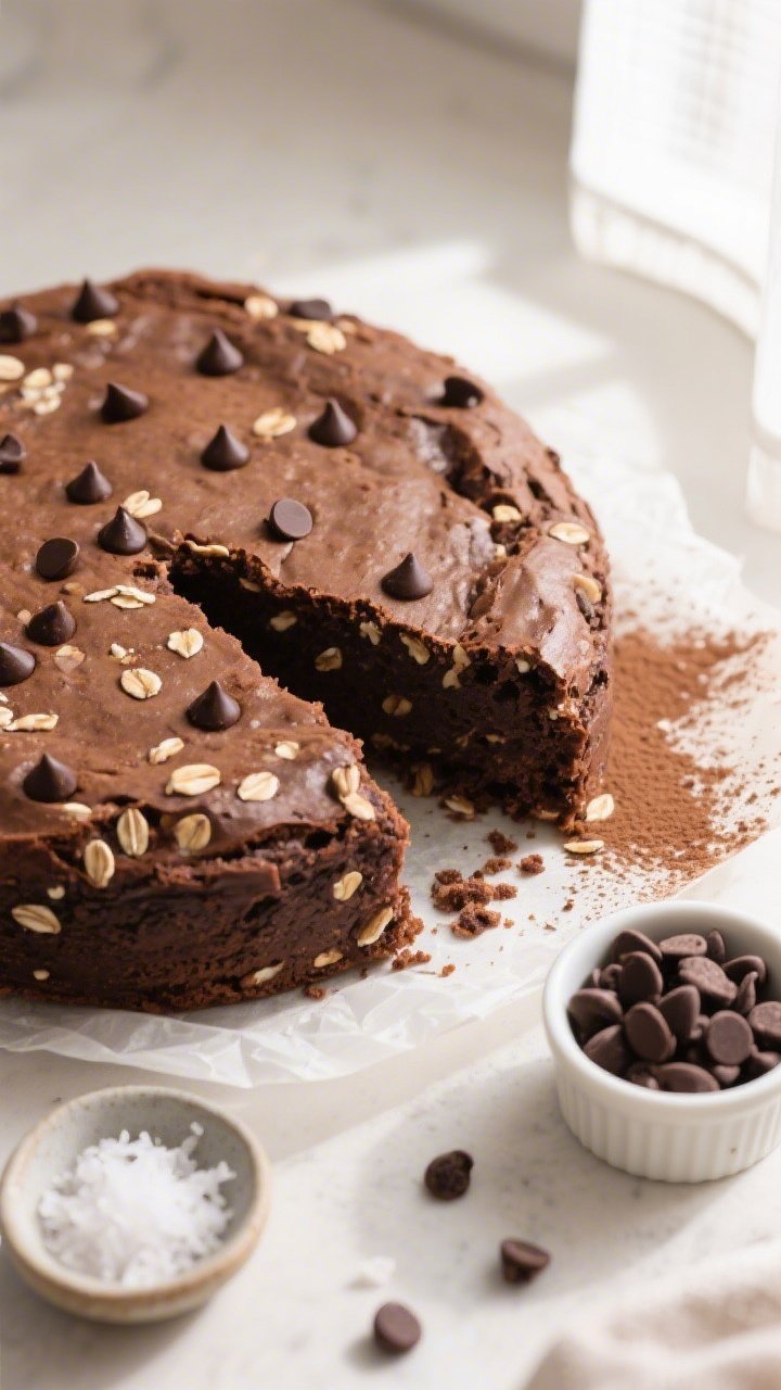 25 inches) with mini dark chocolate chips studding the surface and a light dusting of cocoa on the p