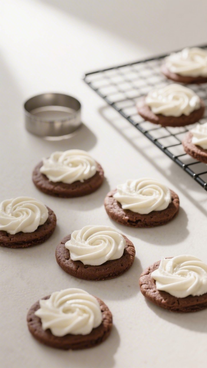 5-inch circles, and neat swirls of piped filling on several cookies awaiting their tops. Add minimal