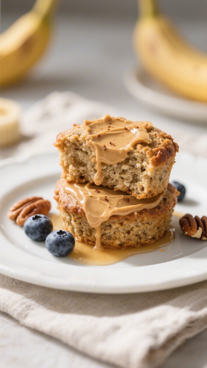 Close-up, 3/4 angle of a plated final serving: one banana oat muffin halved and stacked with a gloss