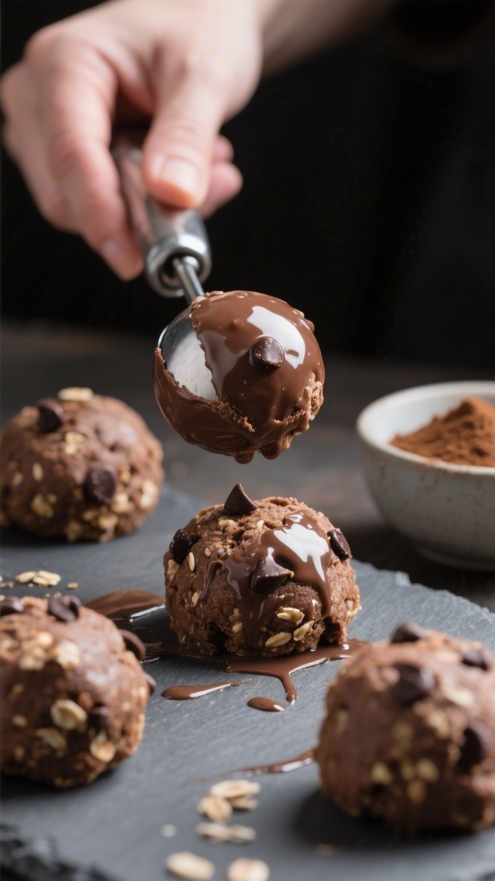 Close-up, 45-degree angle process shot of glossy, chocolatey dough being portioned with a small cook