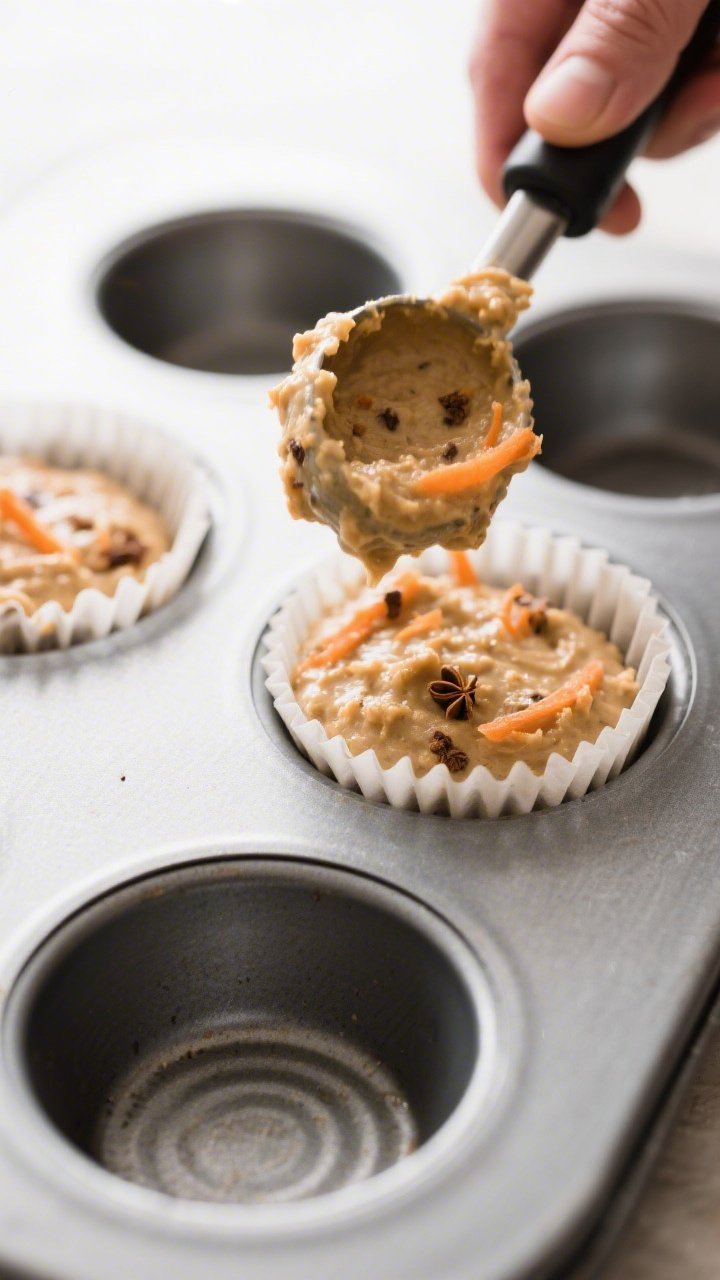 Close-up, 45-degree angle process shot of muffin batter being portioned with a large cookie scoop in