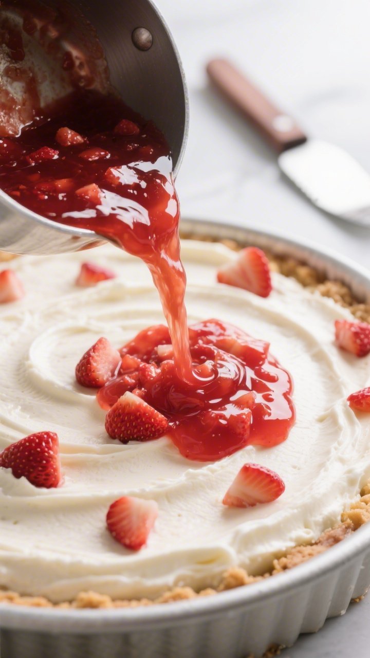Close-up, 45-degree angle process shot of the cooled, chunky strawberry sauce being poured in a glos