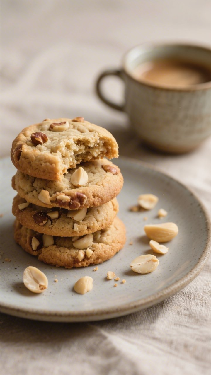 Close-up beauty shot of a small plate stacked with 3 keto macadamia nut cookies, one broken open to