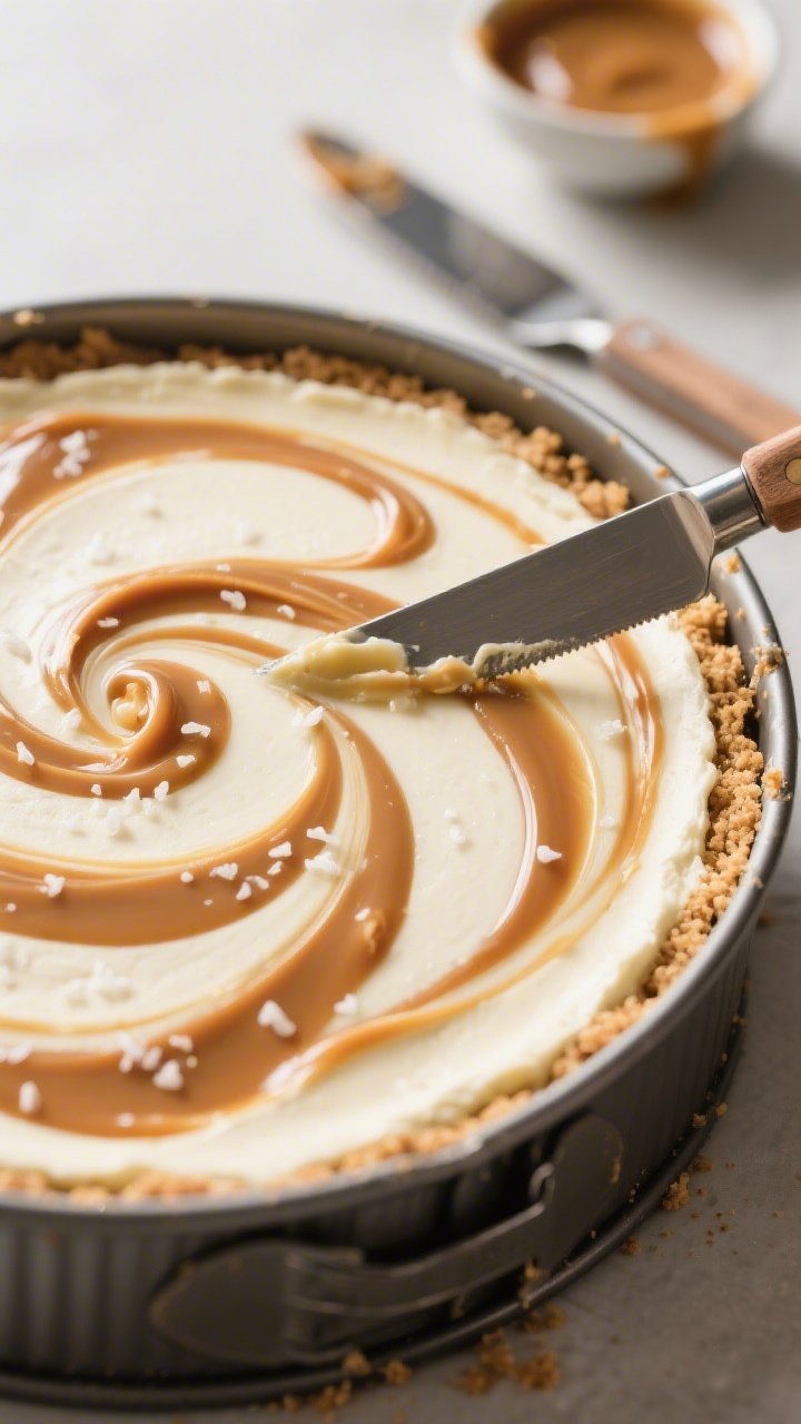 Close-up detail: A no-bake caramel swirl cheesecake mid-swirling stage in a 9-inch springform pan, t