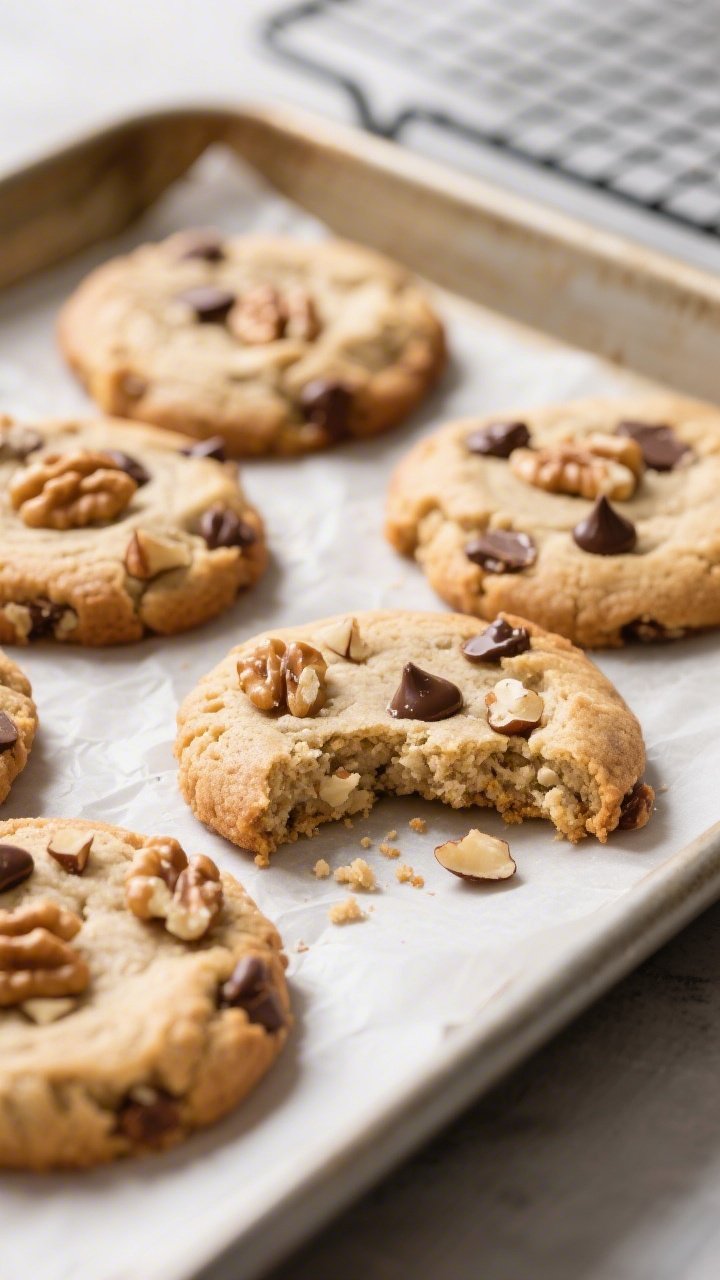 Close-up detail: A tray of freshly baked keto walnut cookies just out of the oven, edges lightly gol