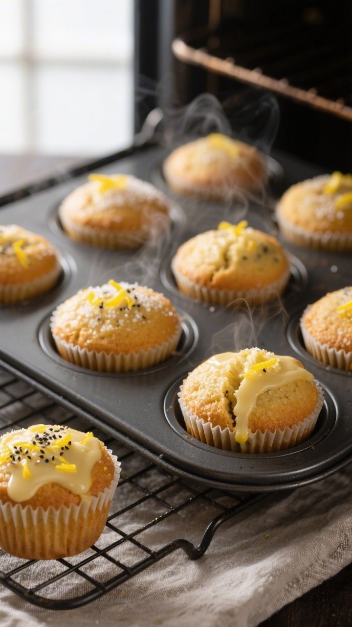 Close-up detail and cooking process: A 12-cup muffin tin just pulled from the oven at 375°F, golden