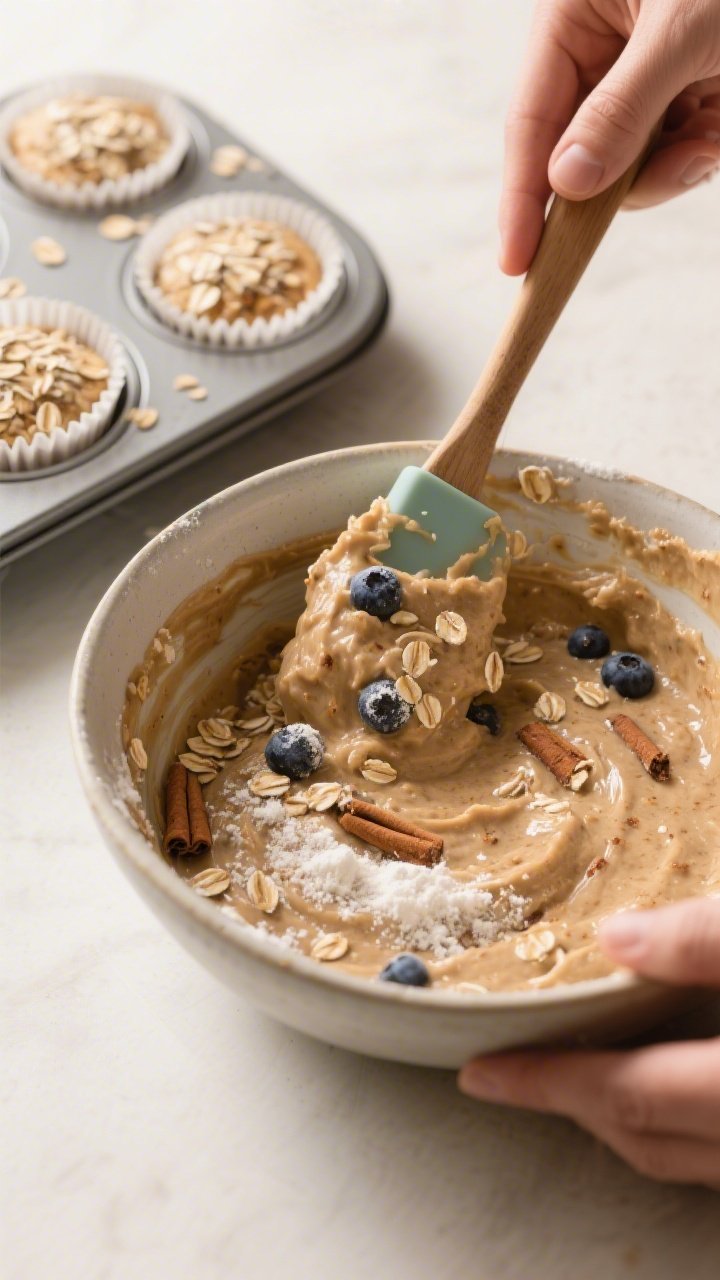 Close-up detail and process: Thick, scoopable oat muffin batter being gently folded with a spatula i
