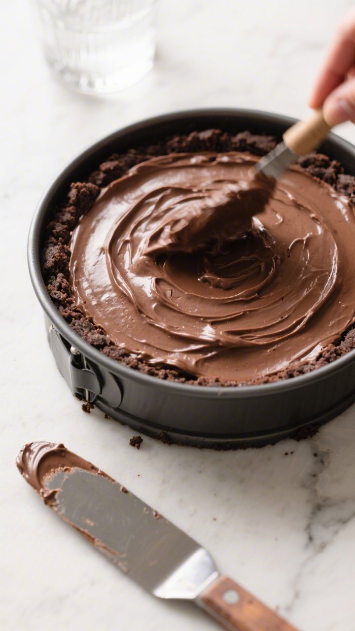 Close-up detail, cooking process: A 9-inch springform pan with a fully pressed chocolate cookie crus