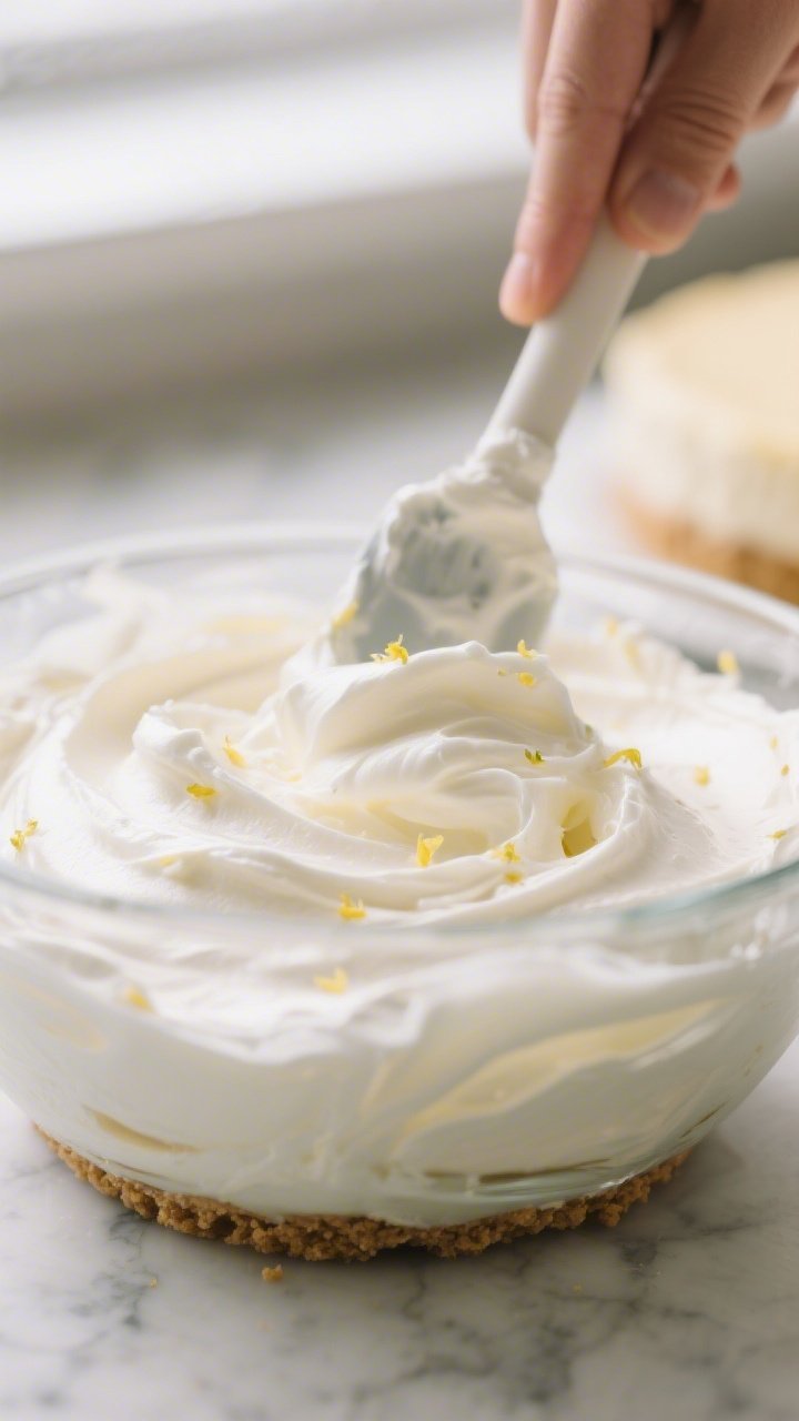 Close-up detail, cooking process: A shallow depth-of-field shot of silky no-bake cheesecake filling
