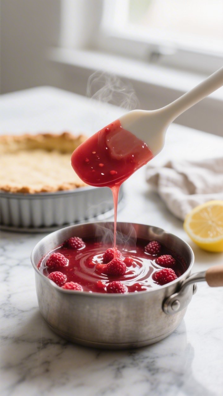 Close-up detail/cooking process: A small saucepan on a marble surface with finished glossy raspberry