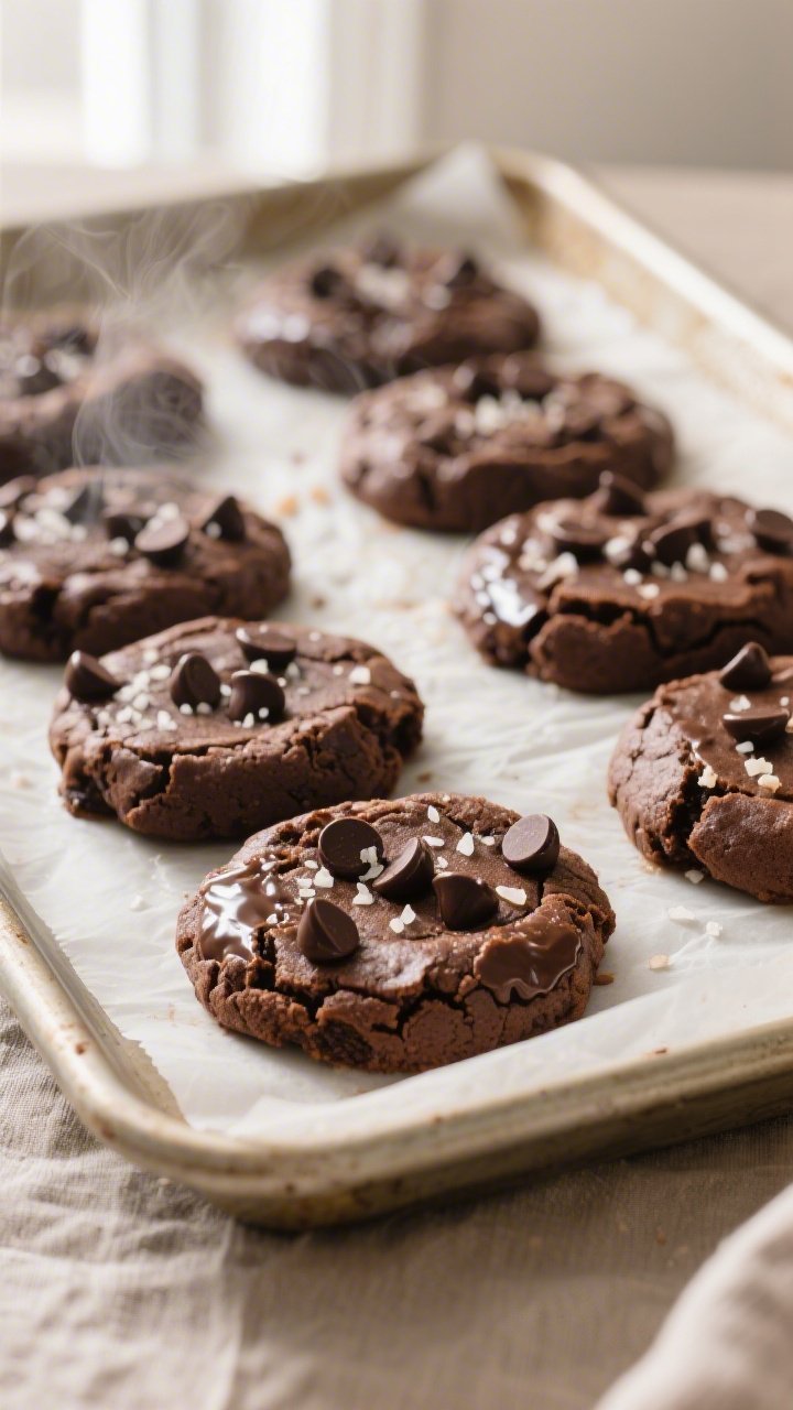 Close-up detail, cooking process: A tray of freshly baked keto brownie cookies just out of the oven