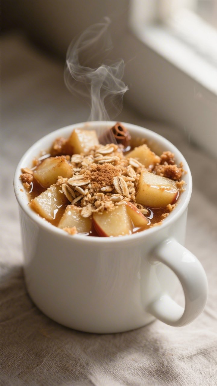 Close-up detail, cooking process: A warm, just-microwaved apple cinnamon crisp in a white ceramic mu