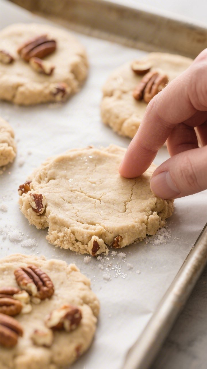 Close-up detail, cooking process: Almond flour pecan cookie dough portions being gently flattened to