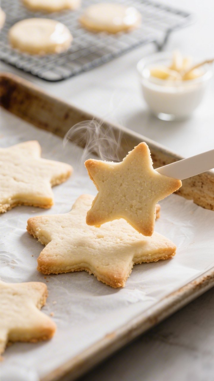 Close-up detail, cooking process: Keto sugar cookie cutouts just out of the oven on a parchment-line