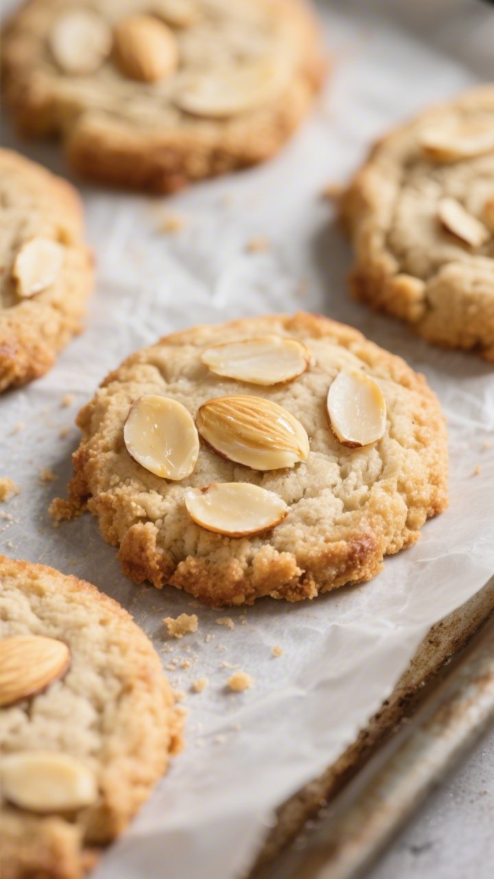 Close-up detail: Freshly baked keto almond cookies just out of the oven, edges lightly golden with a