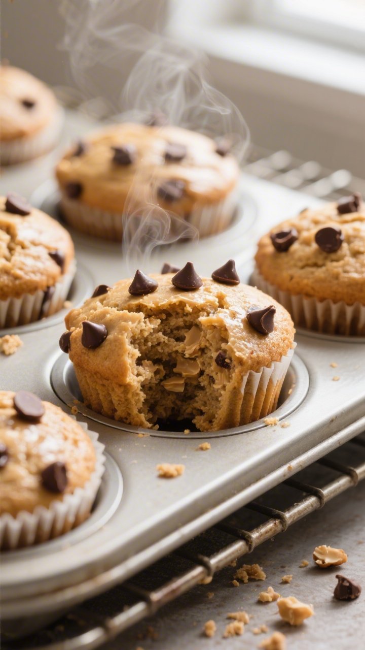 Close-up detail: Freshly baked peanut butter chocolate chip muffins just out of the oven, golden top
