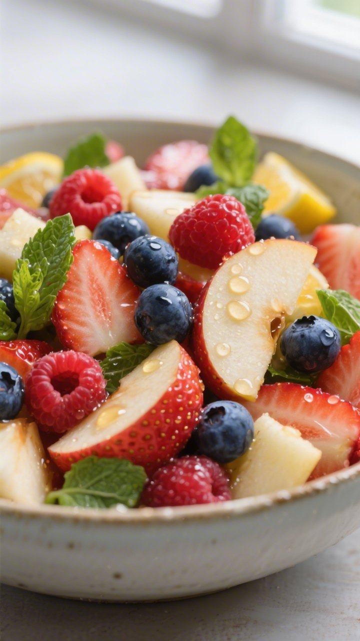 Close-up detail: Glistening Apple Berry Salad just after a gentle toss, showing bite-size Honeycrisp