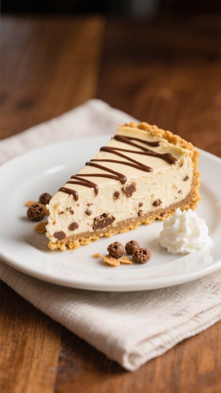 Close-up detail of a chilled slice of No Bake Cookie Dough Cheesecake on a matte white dessert plate