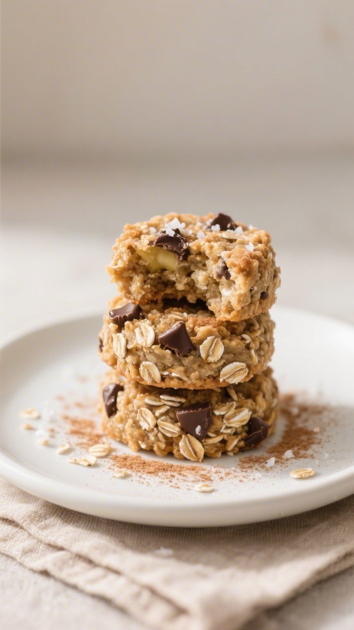 Close-up detail of a final plated stack of three oatmeal chocolate chip bites on a small matte white