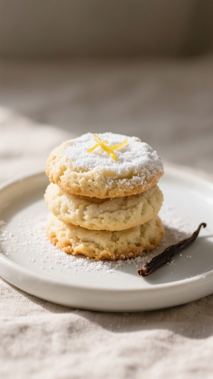 Close-up detail of a final plated trio of Keto Cool Whip cookies on a small matte white plate, one s