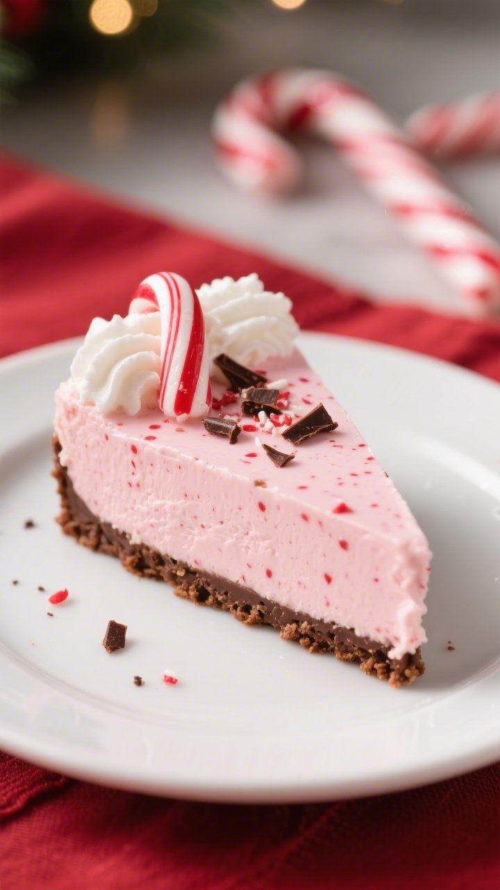 Close-up detail of a fully finished slice of no-bake peppermint cheesecake on a matte white dessert 
