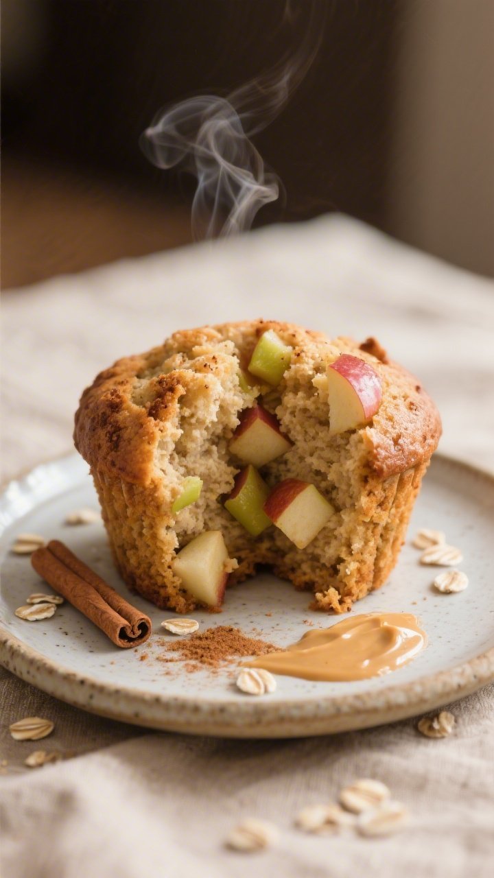 Close-up detail of a halved apple cinnamon muffin on a small stoneware plate, interior crumb moist a