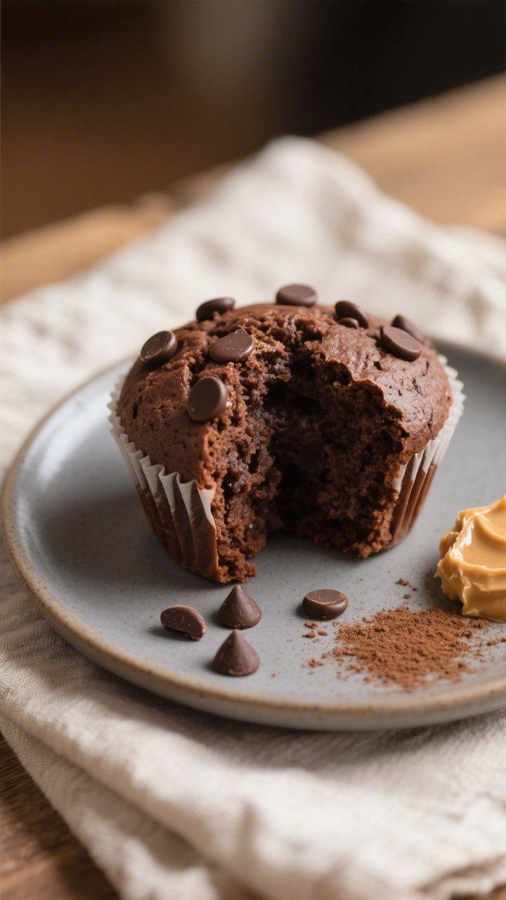 Close-up detail of a halved healthy chocolate muffin on a small matte ceramic plate, rich dark cocoa
