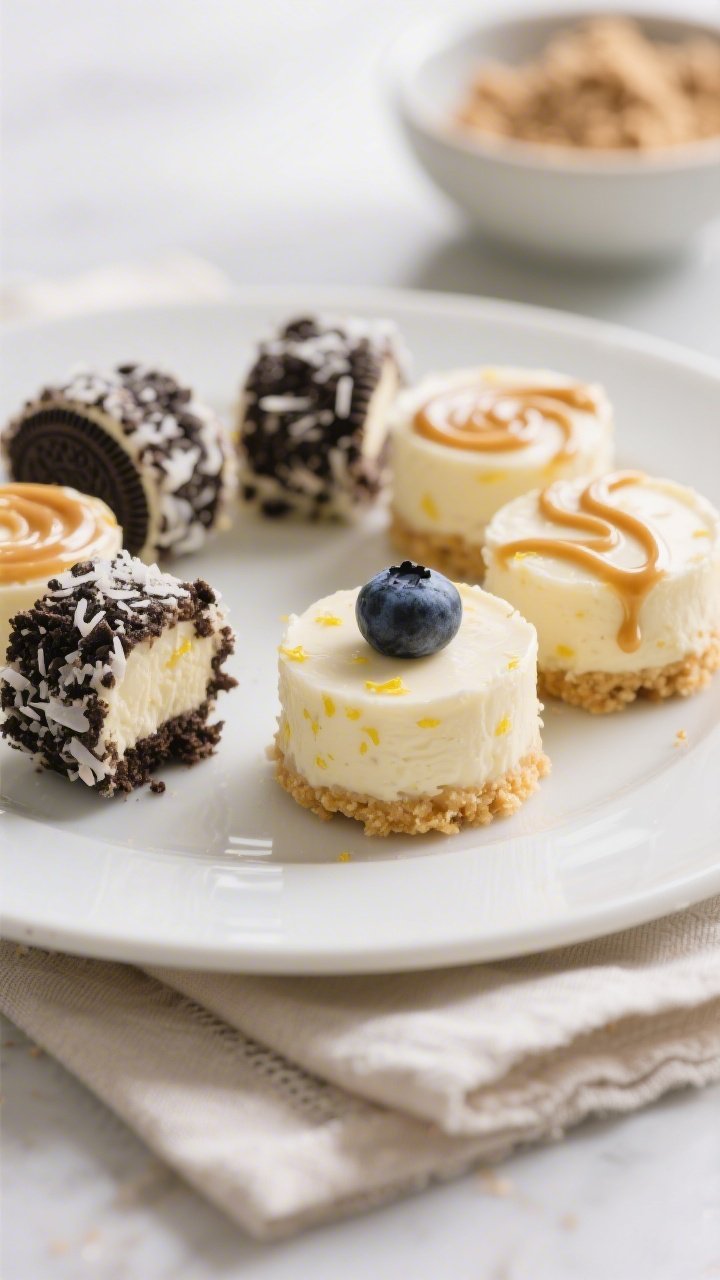 Close-up detail of a plated assortment of no-bake cheesecake bites on a matte white dessert plate: f