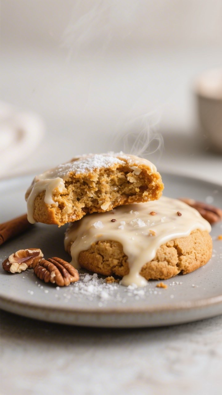 Close-up detail of a plated final presentation: two keto pumpkin cookies stacked slightly askew on a