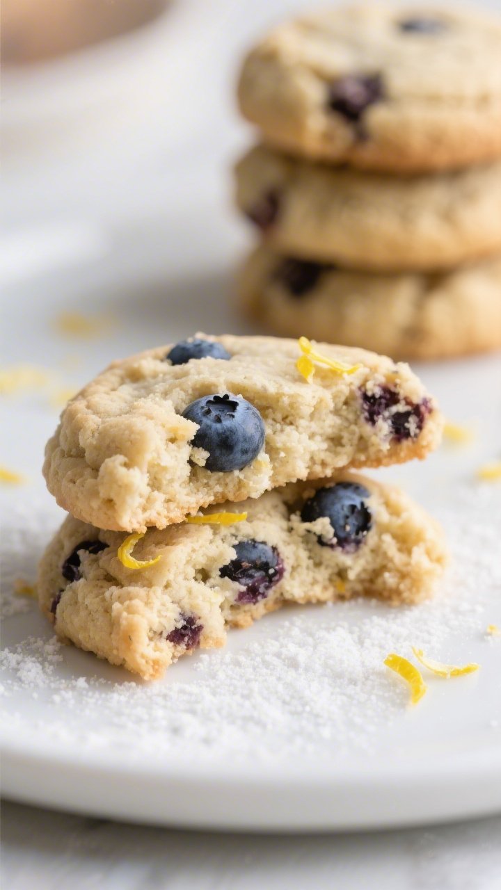 Close-up detail of a plated Keto Blueberry Cookie torn in half to reveal a soft, buttery, slightly c