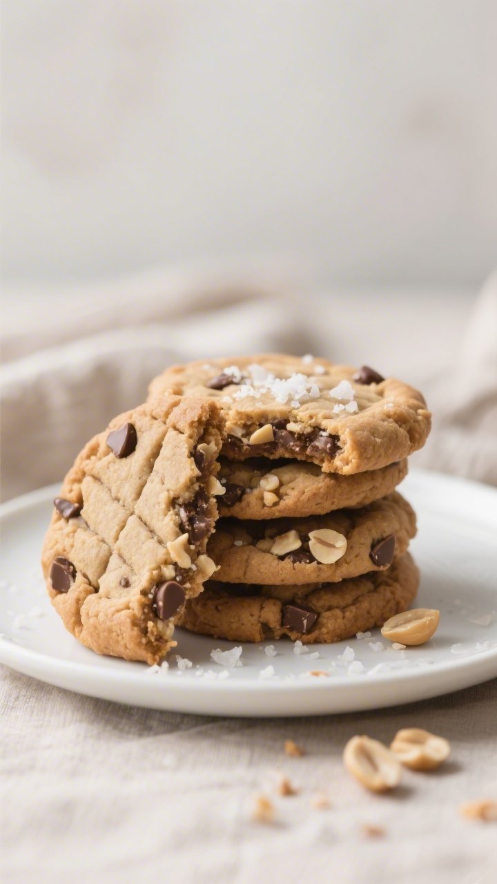Close-up detail of a plated stack of keto peanut butter cookies on a matte white plate, one cookie b