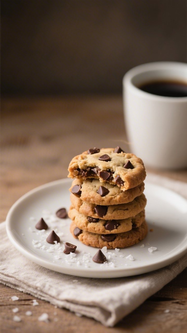 Close-up detail of a plated stack of mini chocolate chip cookies on a small matte white dessert plat