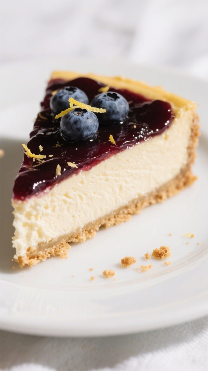 Close-up detail of a pristine slice of no-bake New York style cheesecake plated on a white dessert p