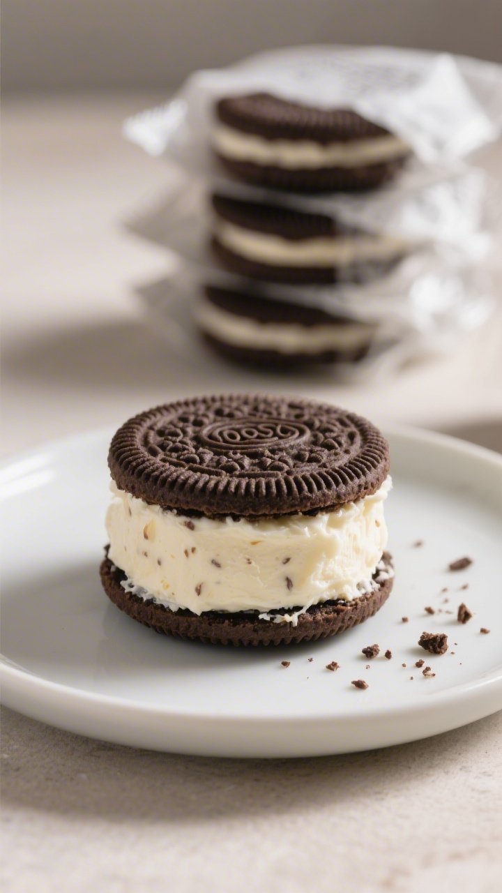 Close-up detail of a single 100-calorie ice cream sandwich on a small matte white plate: the dark ch