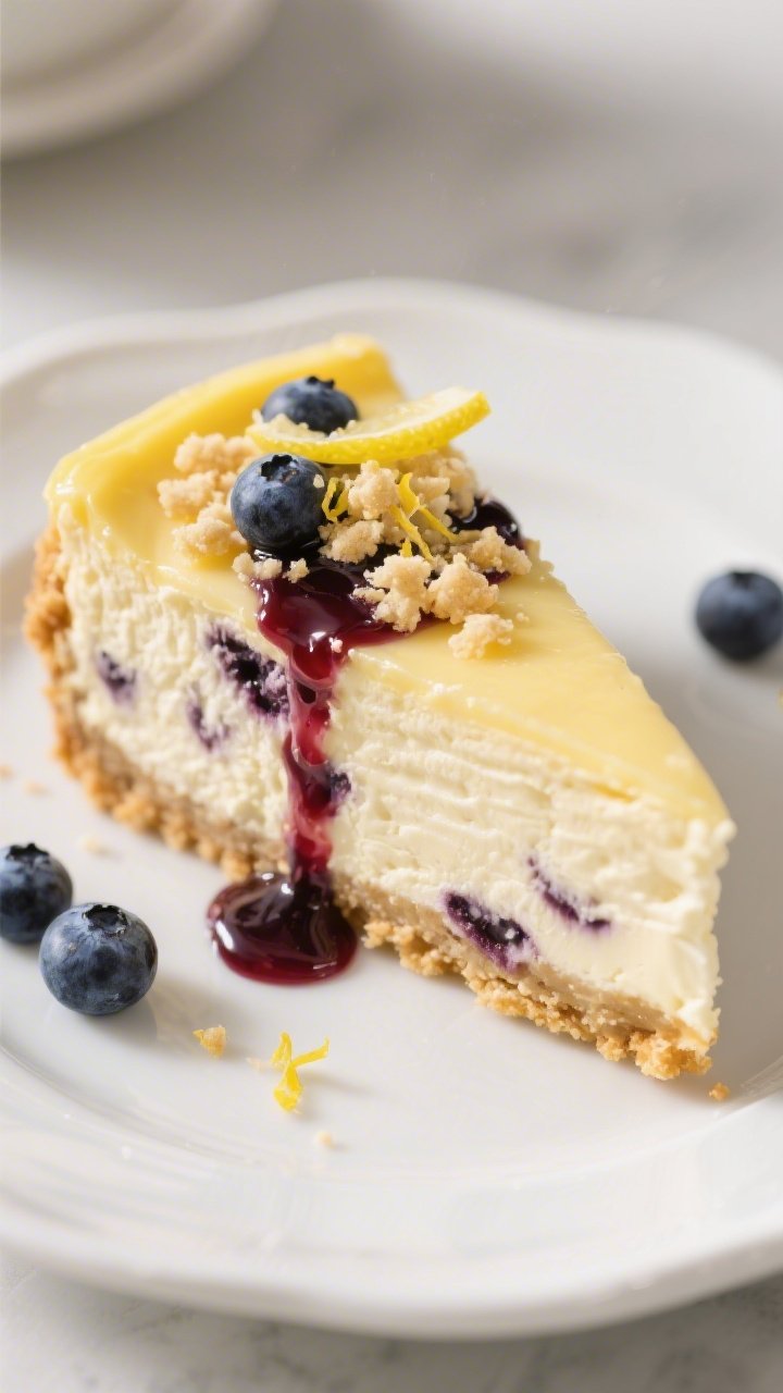 Close-up detail of a single chilled slice plated for serving: silky lemon cheesecake filling with vi