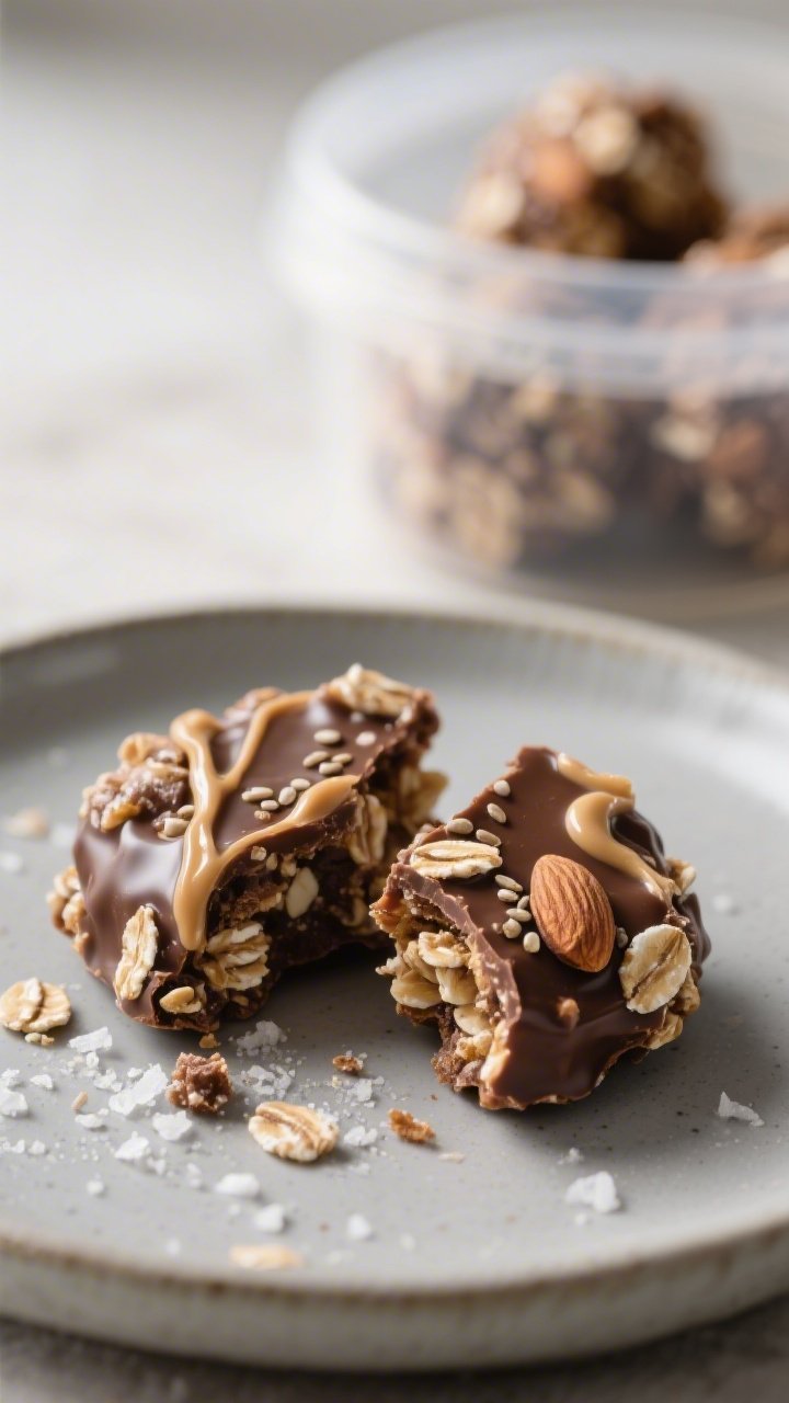 Close-up detail of a single Chocolate Oat Cluster on a small matte ceramic plate, broken in half to 
