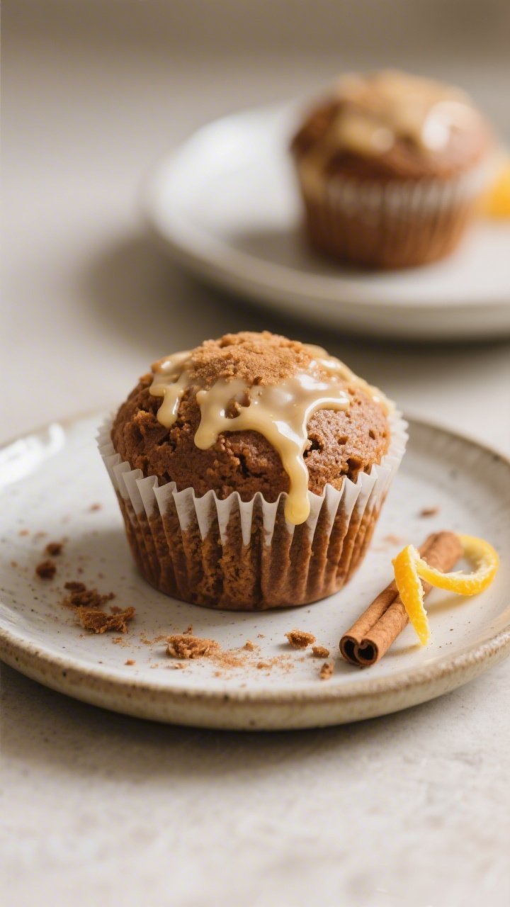 Close-up detail of a single gingerbread muffin on a small ceramic plate, neatly peeled liner reveali