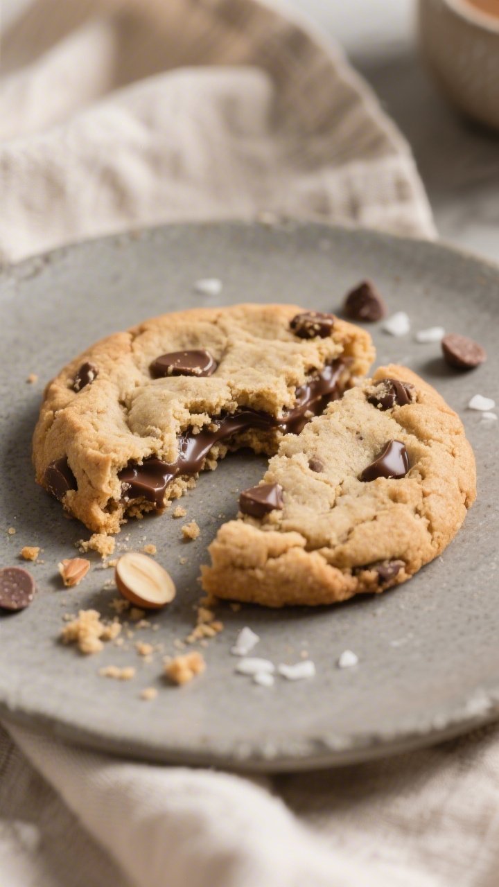 Close-up detail of a single keto almond flour chocolate chip cookie broken in half, showcasing the c