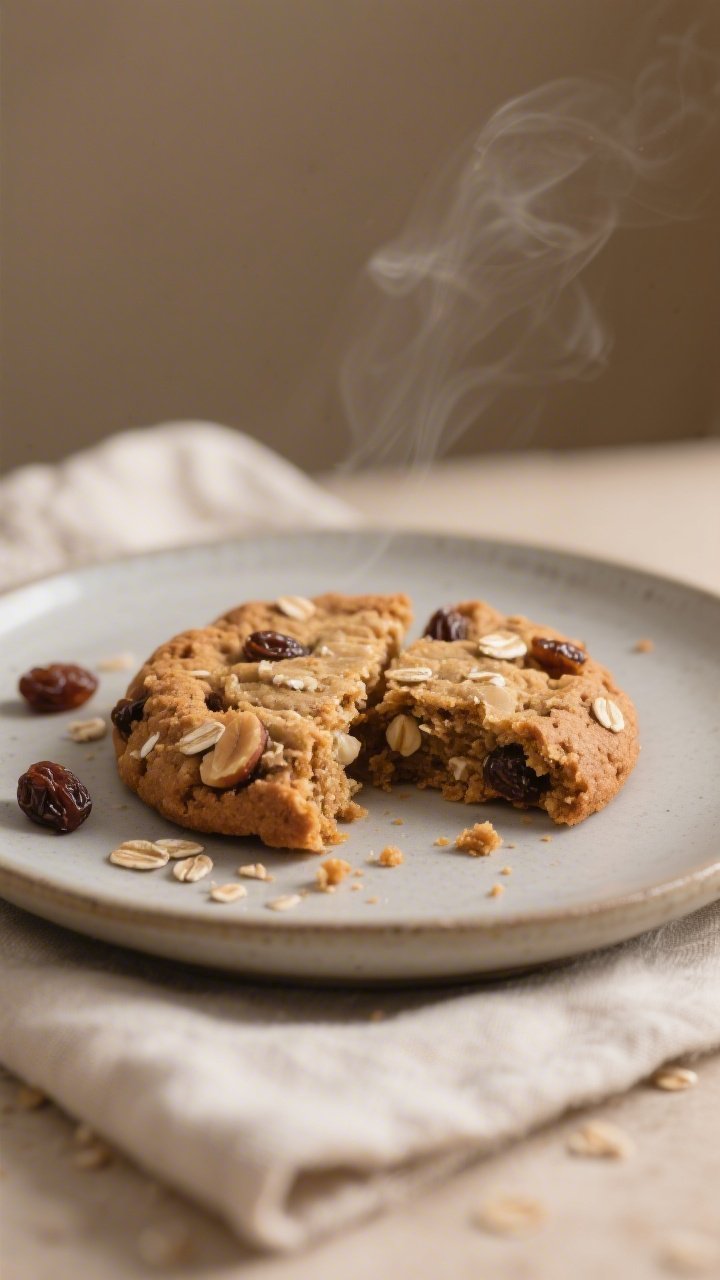 Close-up detail of a single keto oatmeal raisin cookie broken in half on a matte ceramic plate, show