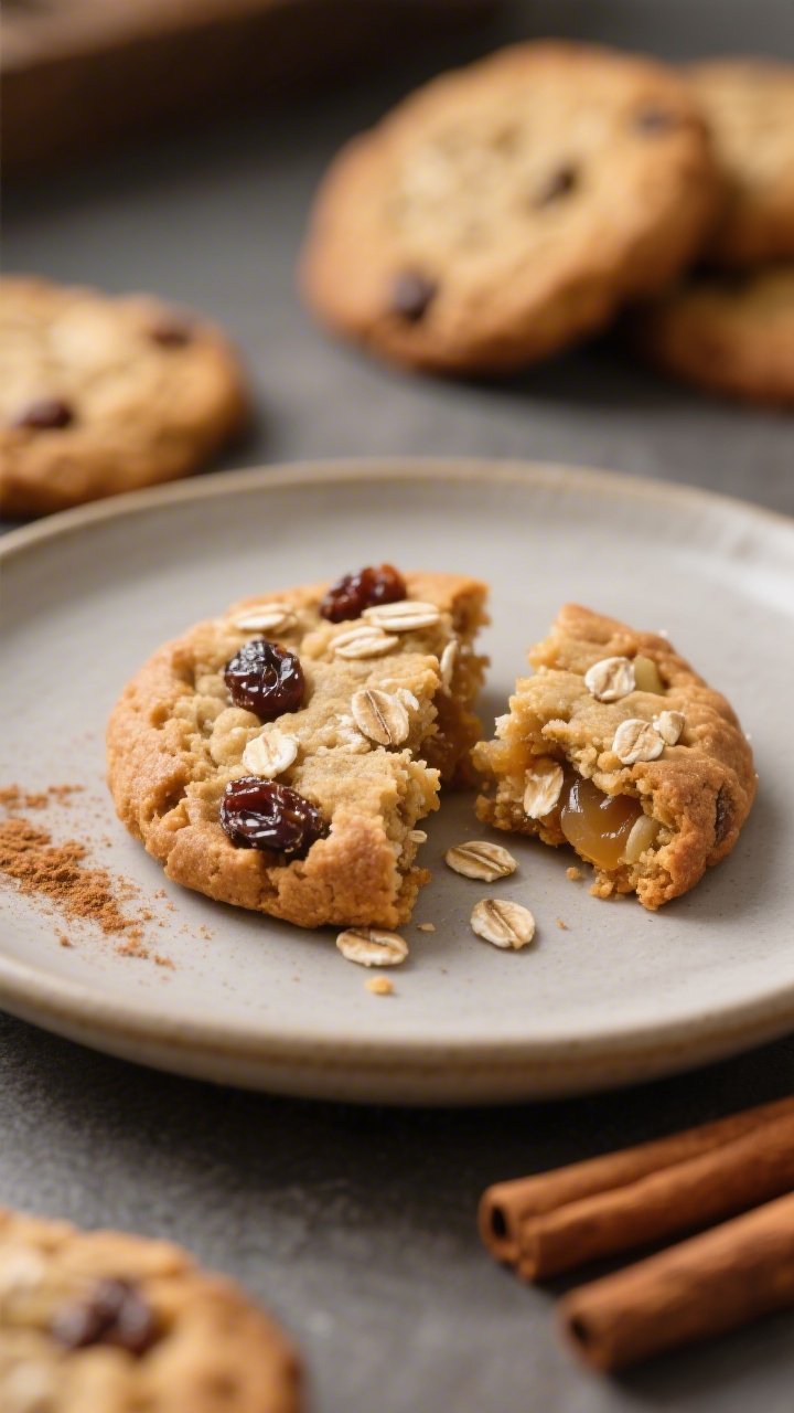 Close-up detail of a single oatmeal raisin cookie broken in half on a matte ceramic plate, showcasin