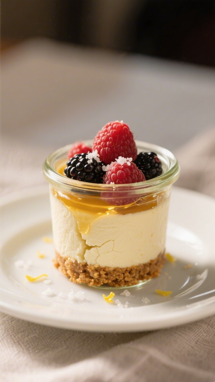 Close-up detail of a single plated cheesecake crack cup in a small glass jar: distinct layers of but