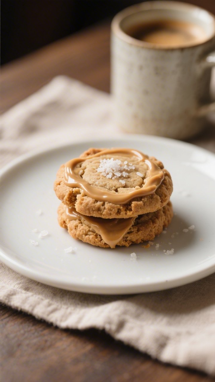 Close-up detail of a single plated peanut butter cookie stack (two cookies) on a matte white dessert