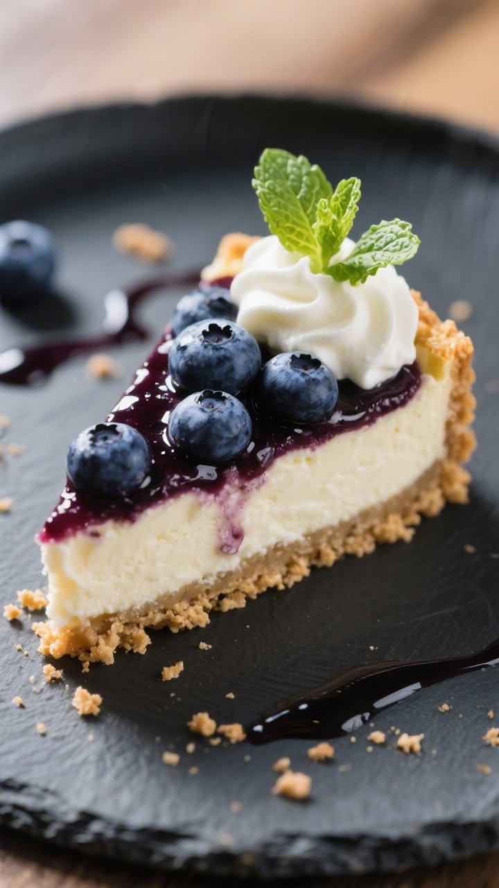 Close-up detail of a single plated slice of no-bake blueberry cheesecake mid-serve, clean cut reveal